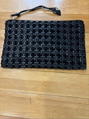 Vintage Black Woven Clutch with Detachable Strap by Plasticflex